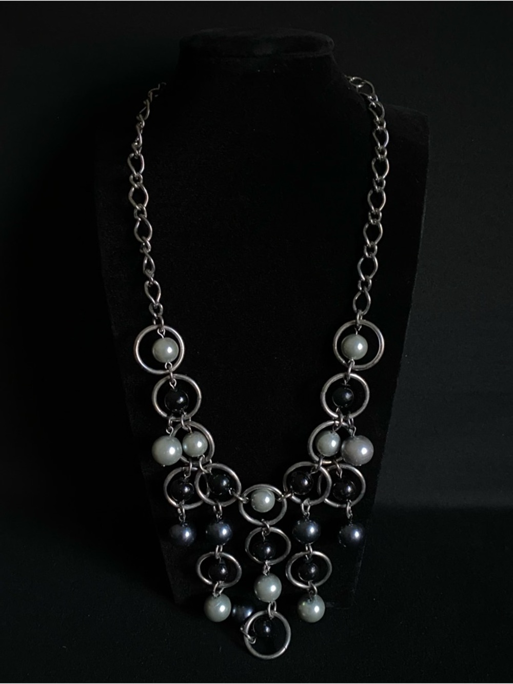 Napier Cascading Silver-Tone / Black Faux Pearl Bib Necklace